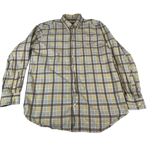 Old Navy Men's Button Down Shirt L Yellow Brown Tan White Plaid 100% Cotton - Picture 1 of 5